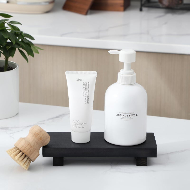 zoocatia Bathroom Counter Organizer Wood Pedestal Stand Farmhouse Decorative Tray Soap Holder for Kitchen Decor  Small  Black - Image 3